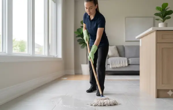 Kanata Cleaners staff member mopping the floor of an open-concept living and kitchen area