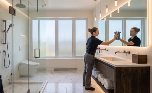 Kanata Cleaners staff member wiping down a bathroom mirror in a bright, modern Kanata home